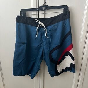 Fox Men's Blue Graphic Board Shorts with Red & White Accent